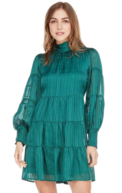 TIE NECK LS TIERED DRESS GREEN