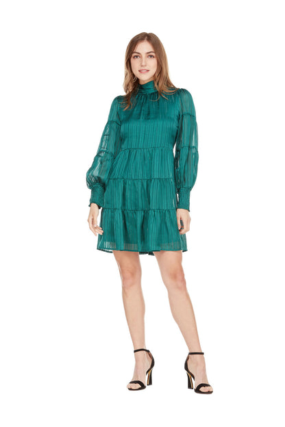 TIE NECK LS TIERED DRESS GREEN