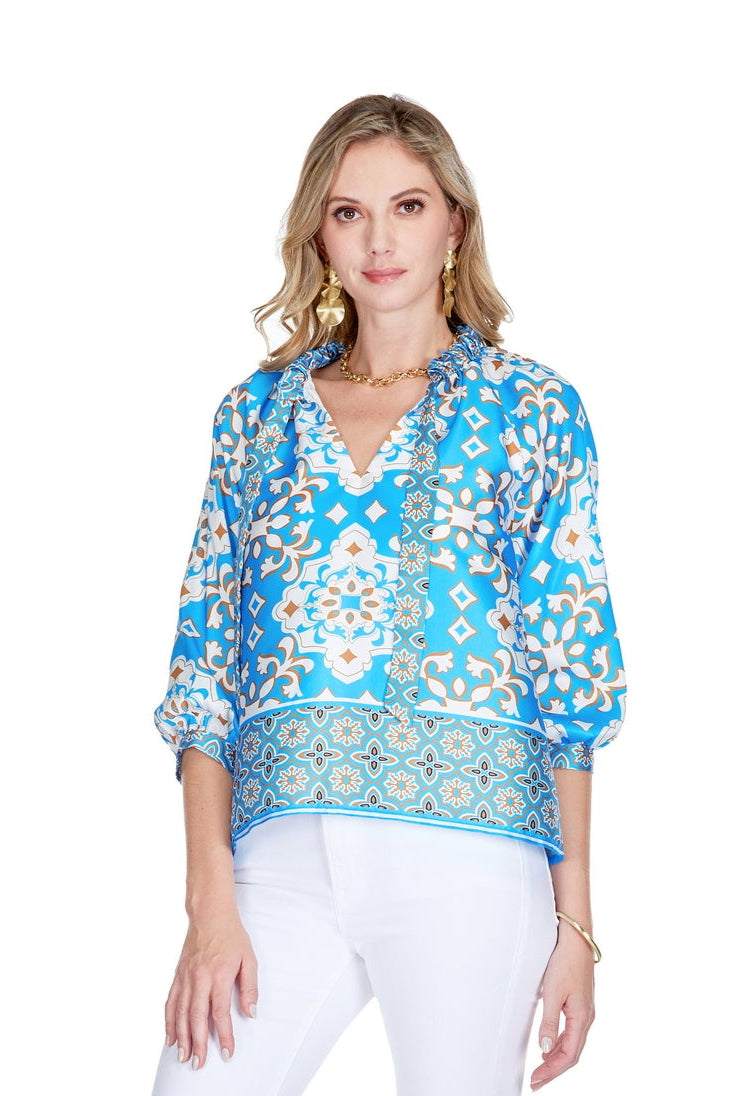 RUCHED NECK PEASANT TOP KALEIDOSCOPE BORDER