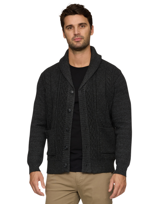 RHINELAND CABLE SHAWL COLLAR FLEECE LINED CARDIGAN SWEATER