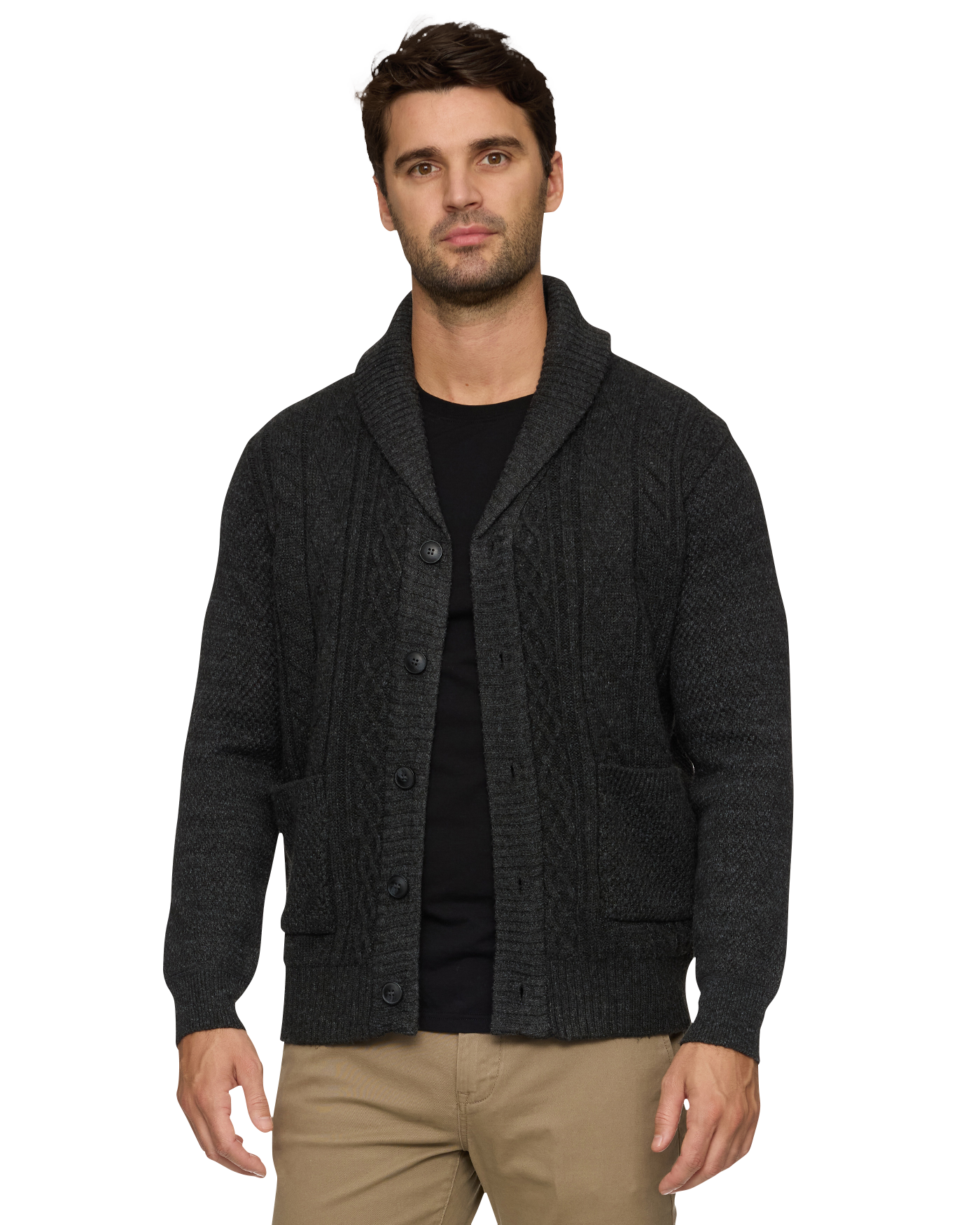 RHINELAND CABLE SHAWL COLLAR FLEECE LINED CARDIGAN SWEATER