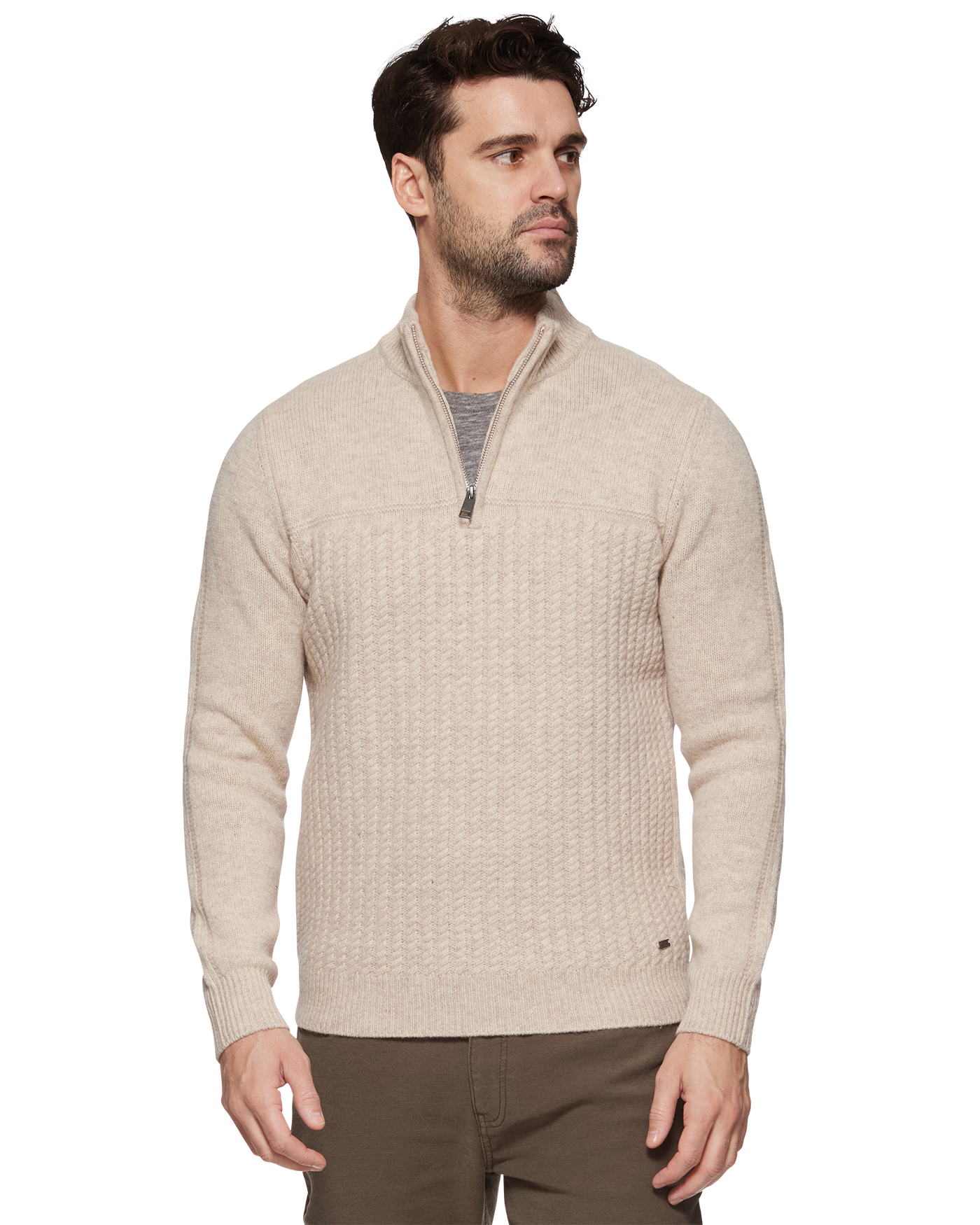 WOODLAND 1/4 ZIP MERINO CABLE MOCK NECK SWEATER