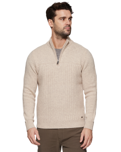 WOODLAND 1/4 ZIP MERINO CABLE MOCK NECK SWEATER