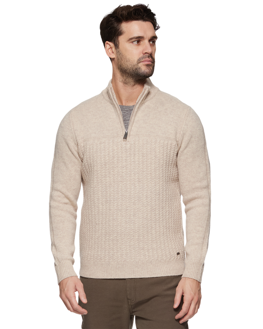 WOODLAND 1/4 ZIP MERINO CABLE MOCK NECK SWEATER