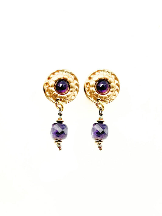 Catherine de Medici- Button Earrings with Amethyst Center & Cubed Amethyst Drops