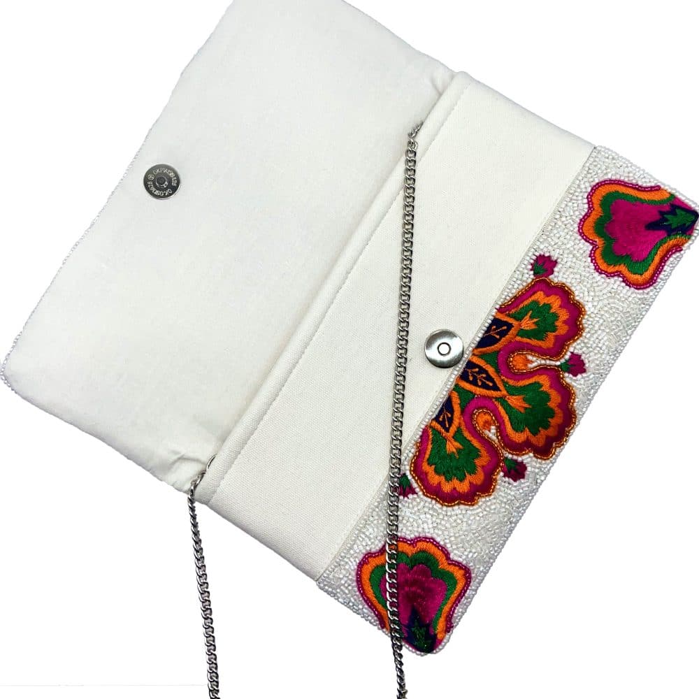 WHITE MULTI FLORAL BEADED CLUTCH