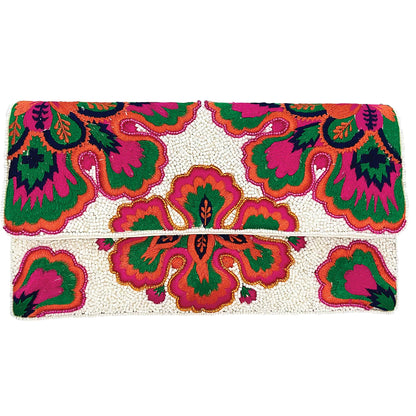 WHITE MULTI FLORAL BEADED CLUTCH