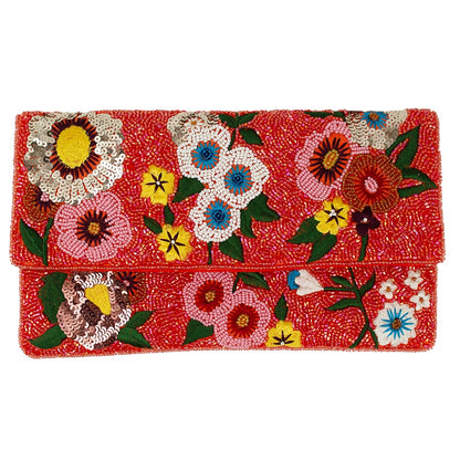 PEACH MULTI FLORAL BEADED CLUTCH