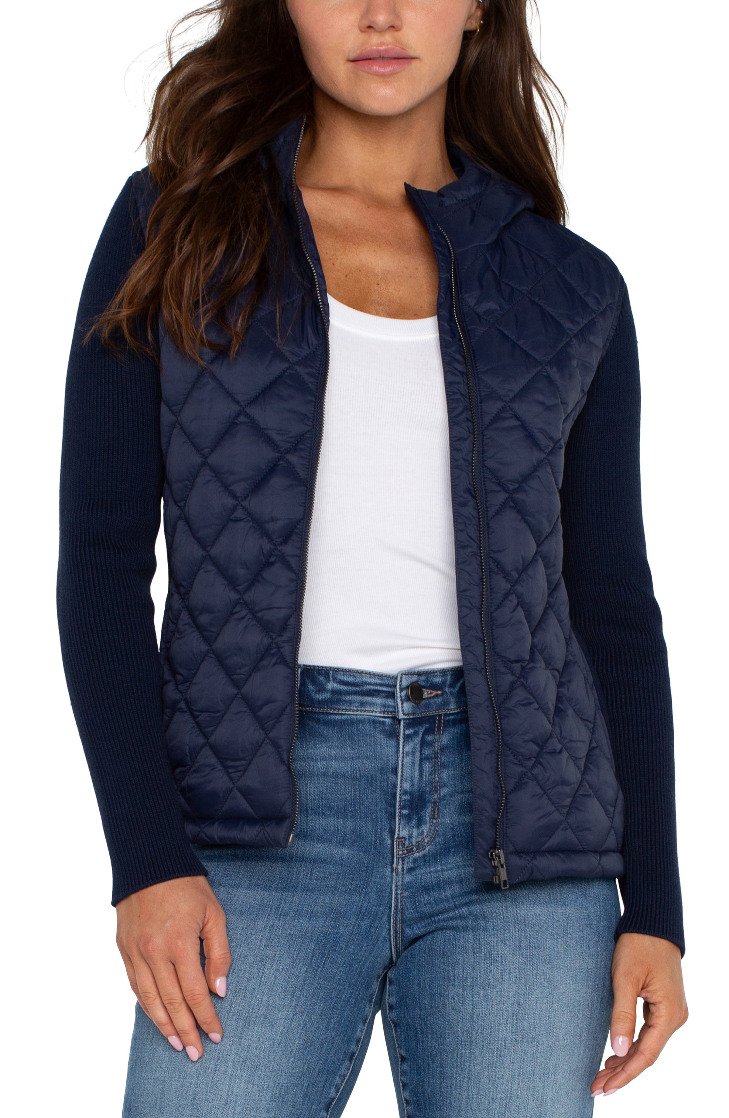 LONG SLV QUILTED FRONT FULL ZIP HOODED SWEATER