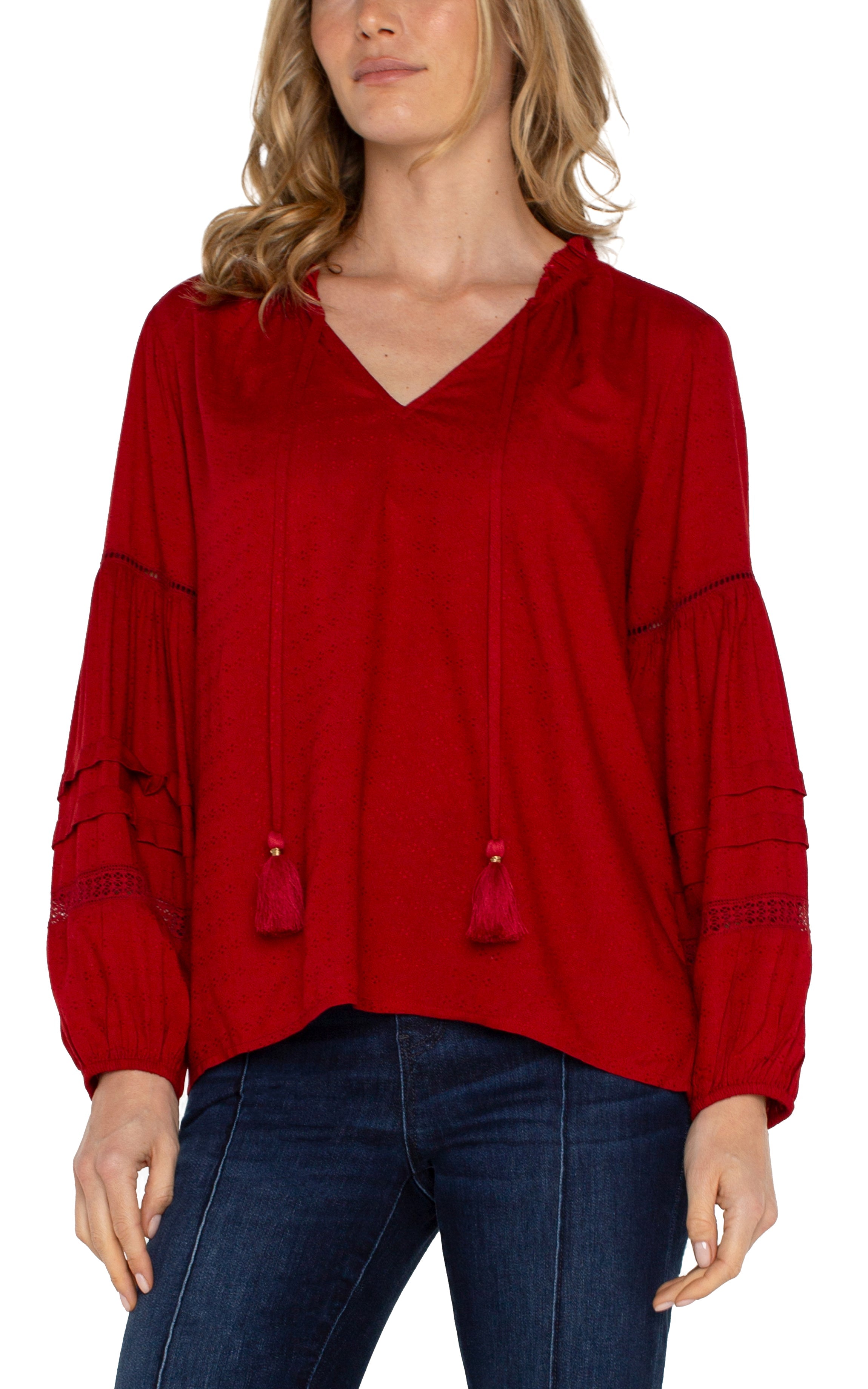 LS POPOVER SHIRRED WOVEN BLOUSE