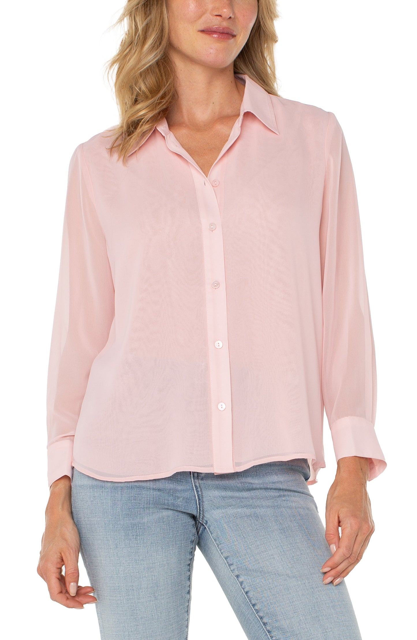 LONG SLEEVE WOVEN SHIRT W/PLEAT BACK DETAIL