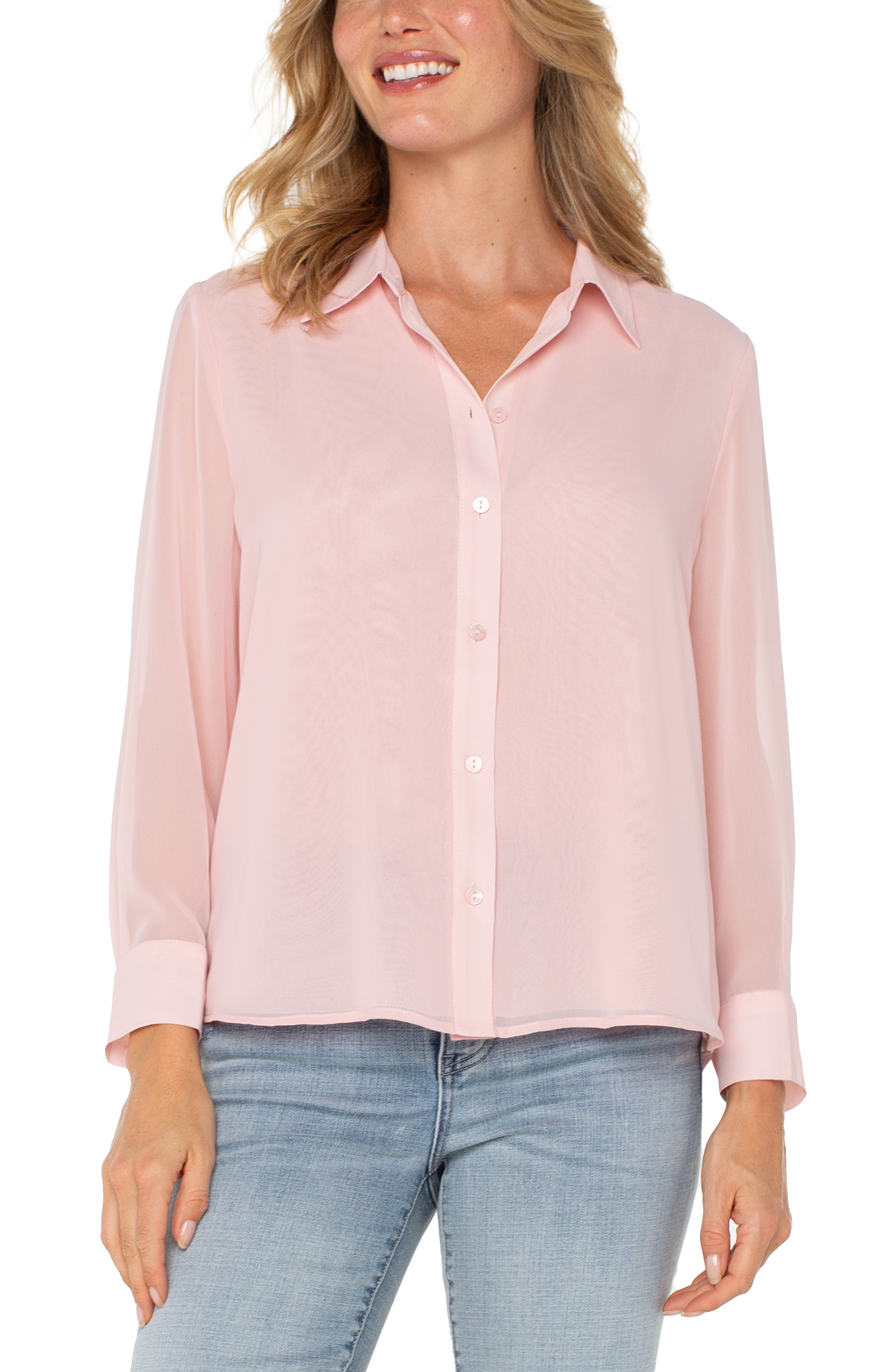 LONG SLEEVE WOVEN SHIRT W/PLEAT BACK DETAIL