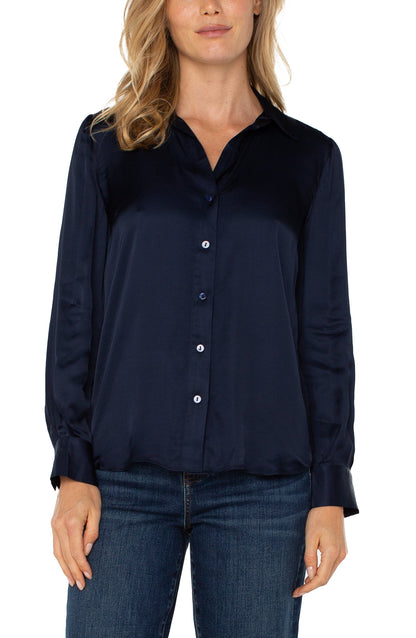 LONG SLV COLLARED BUTTON FRONT WOVEN BLOUSE