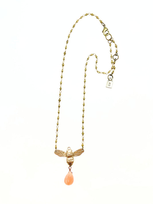 Anna Pavlova- Bee pendant with peach sunstone briolette gemstone drop- 18”