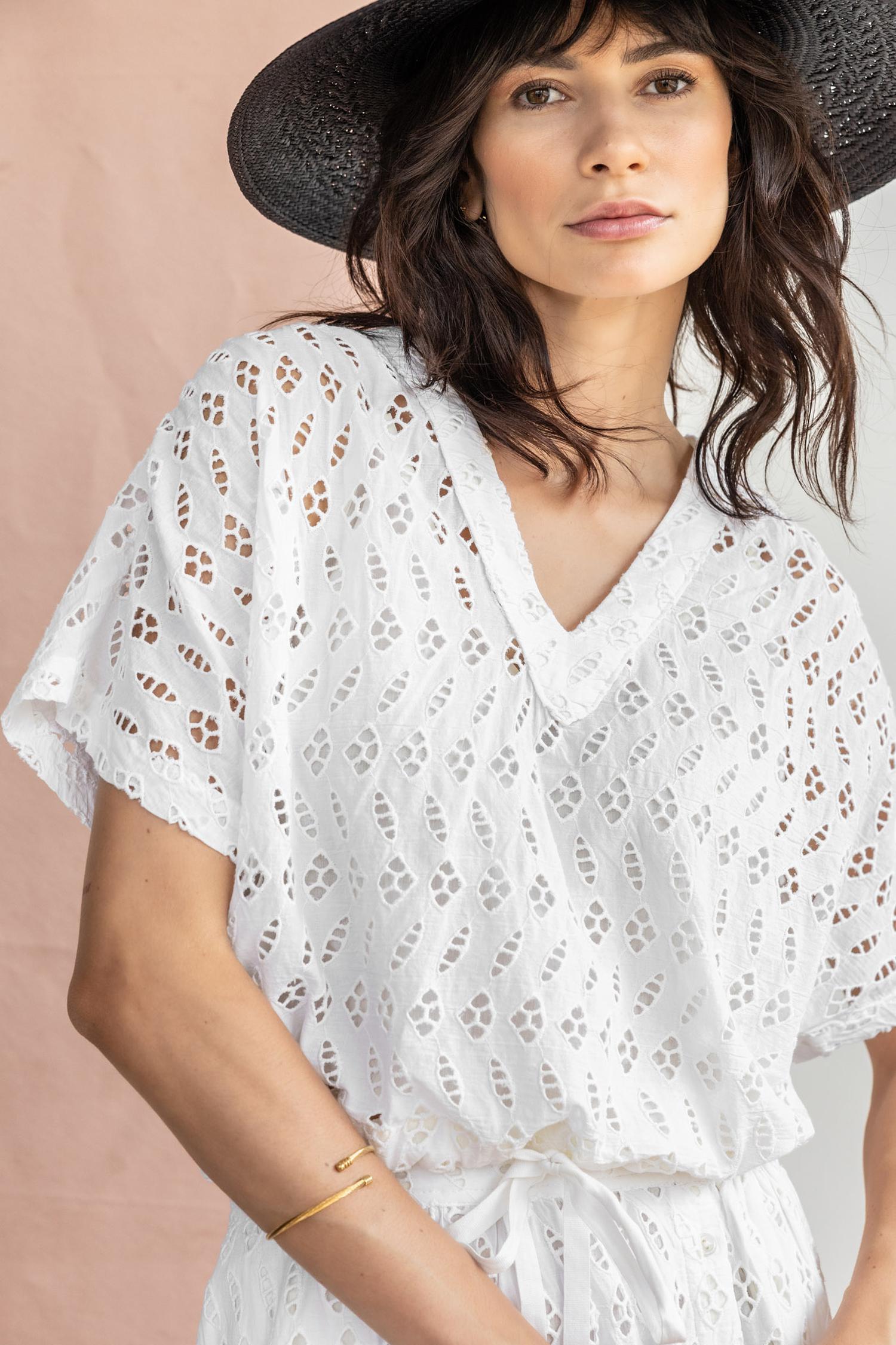 Eyelet Drawstring Dolman V-Neck