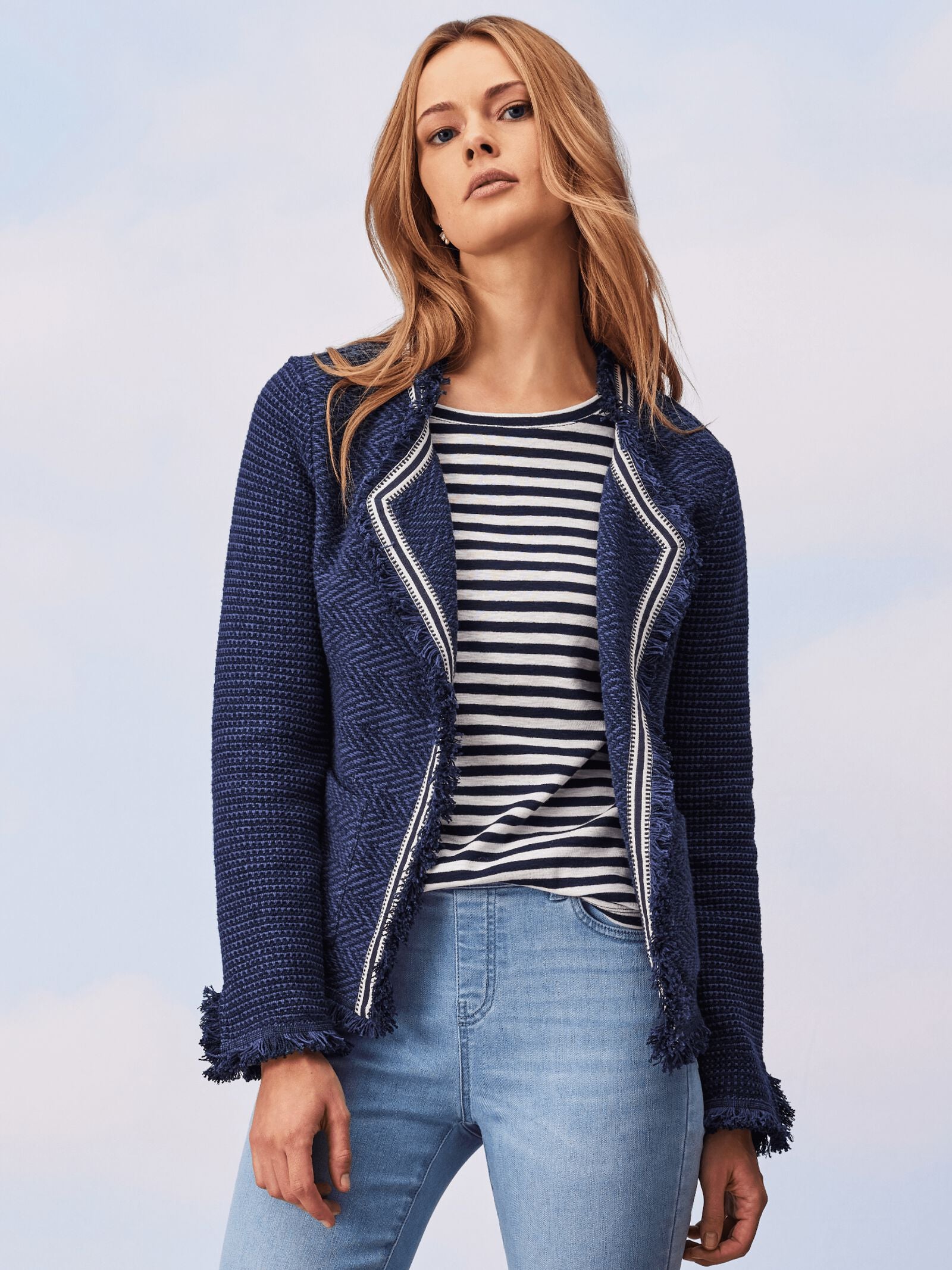 RIBBON TRIM FRINGE MIX KNIT JACKET