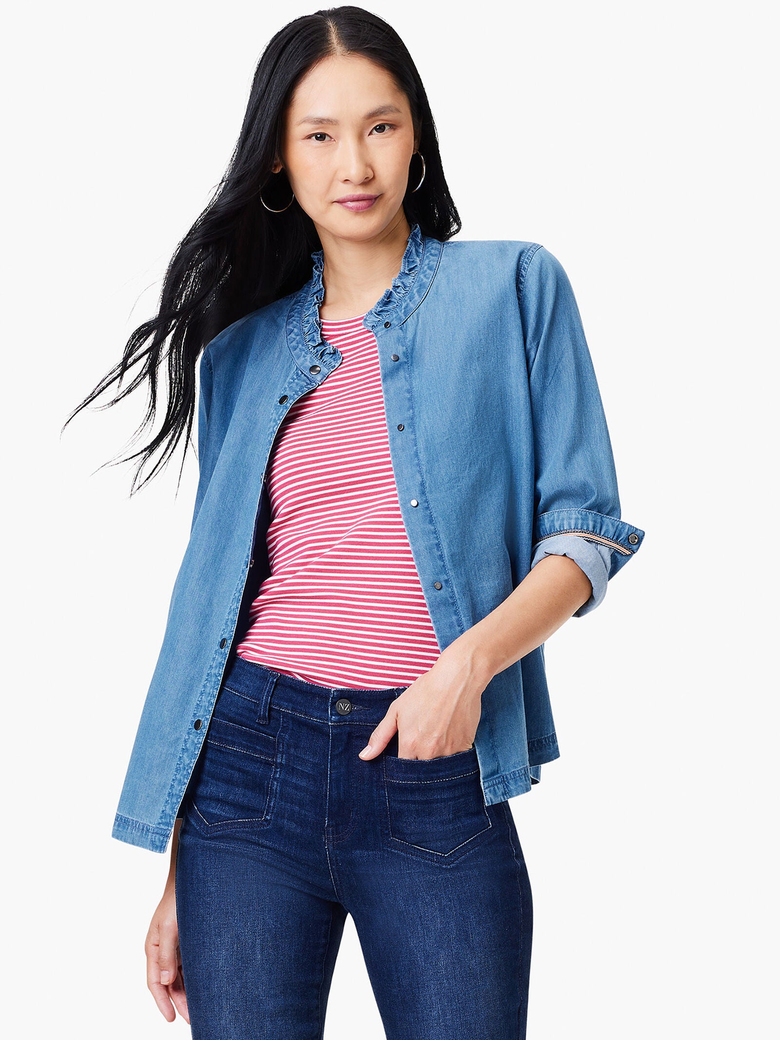 RUFFLE NECK DENIM SHIRT