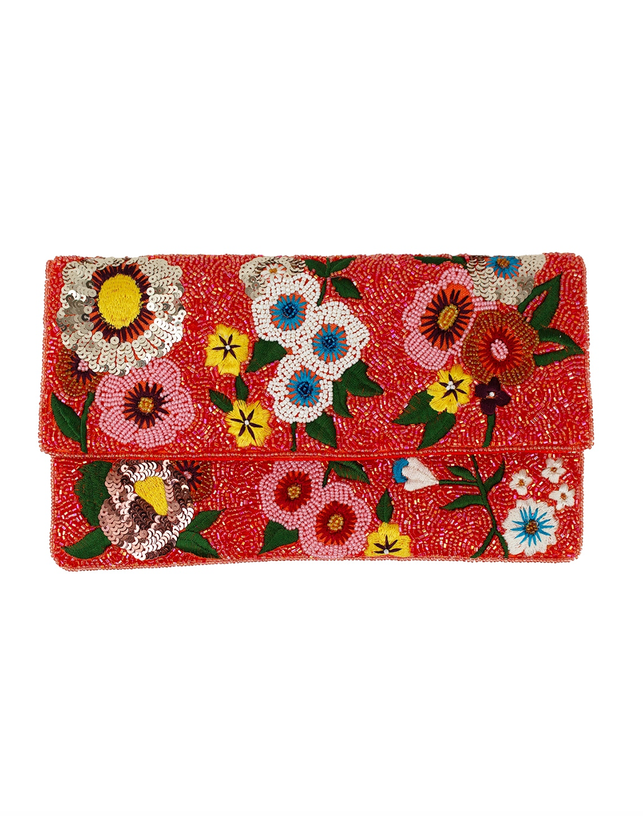 PEACH MULTI FLORAL BEADED CLUTCH