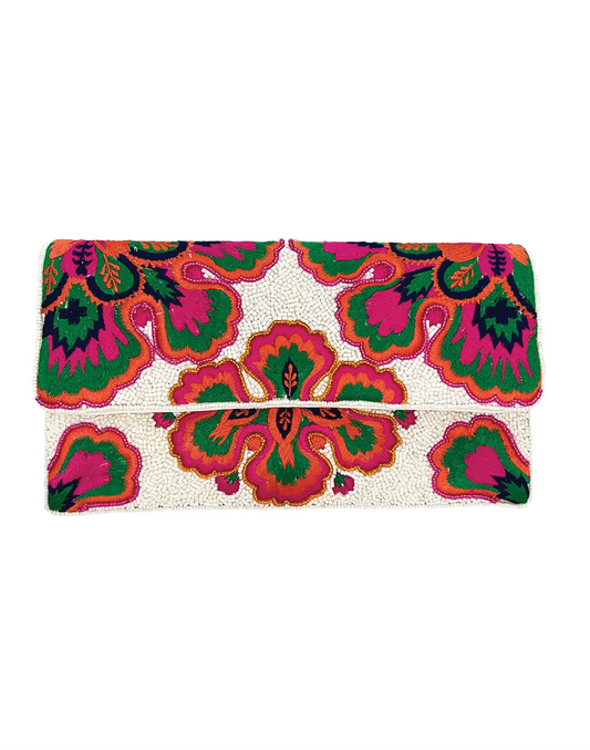 WHITE MULTI FLORAL BEADED CLUTCH