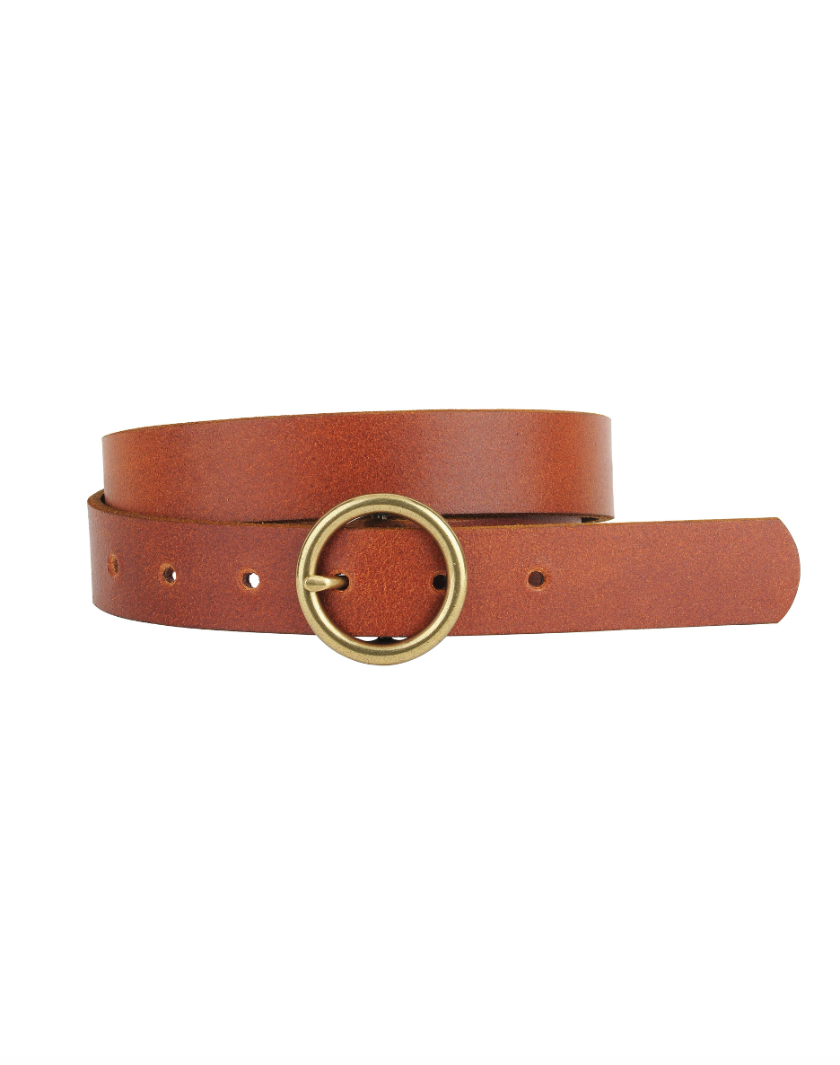 Brass-Toned Circle Buckle Leather Belt