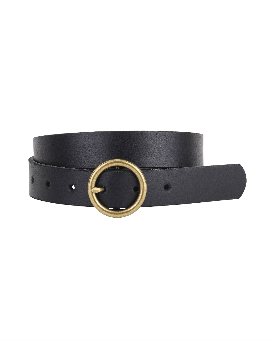 Brass-Toned Circle Buckle Leather Belt