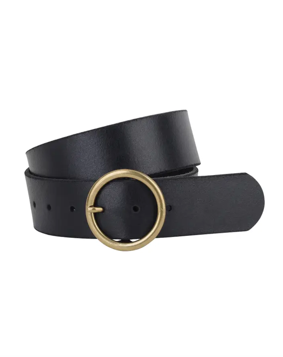 Wide Brass-Toned Single Ring Buckle Leather Belt