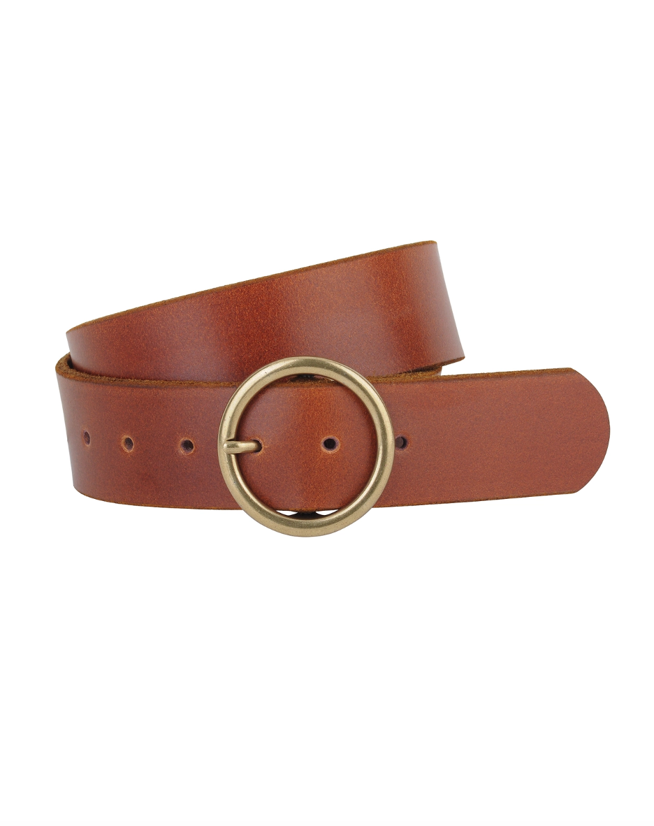 Wide Brass-Toned Single Ring Buckle Leather Belt