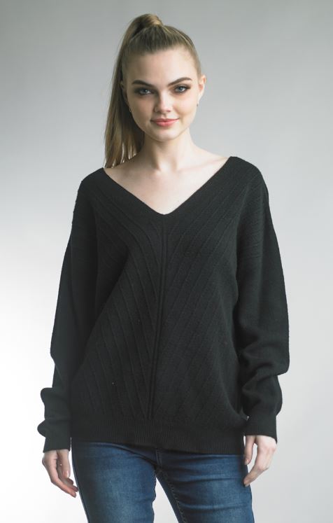 V PATTERN VNECK SWEATER BLACK