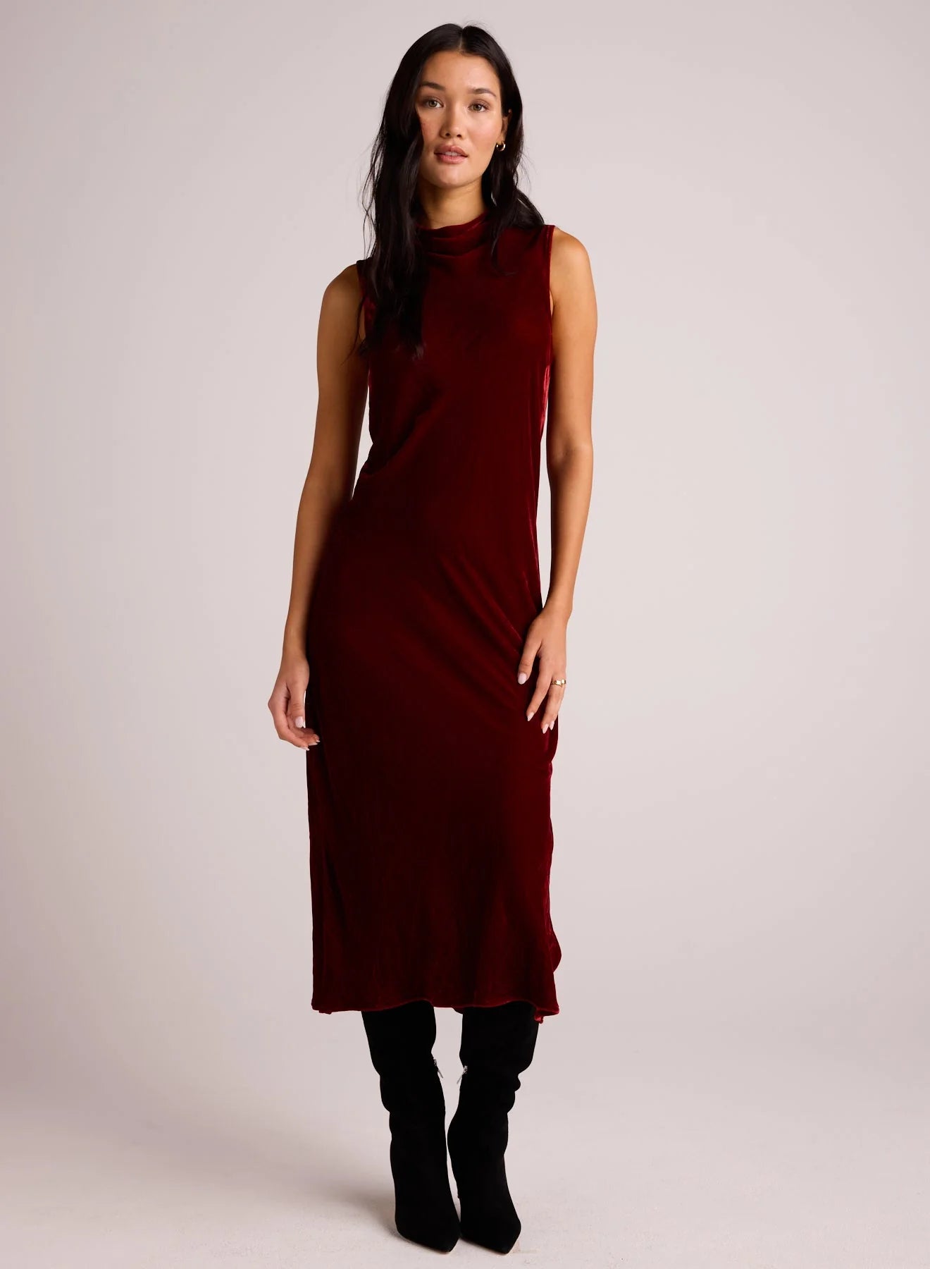 MOCK NECK HALTER VELVET DRESS