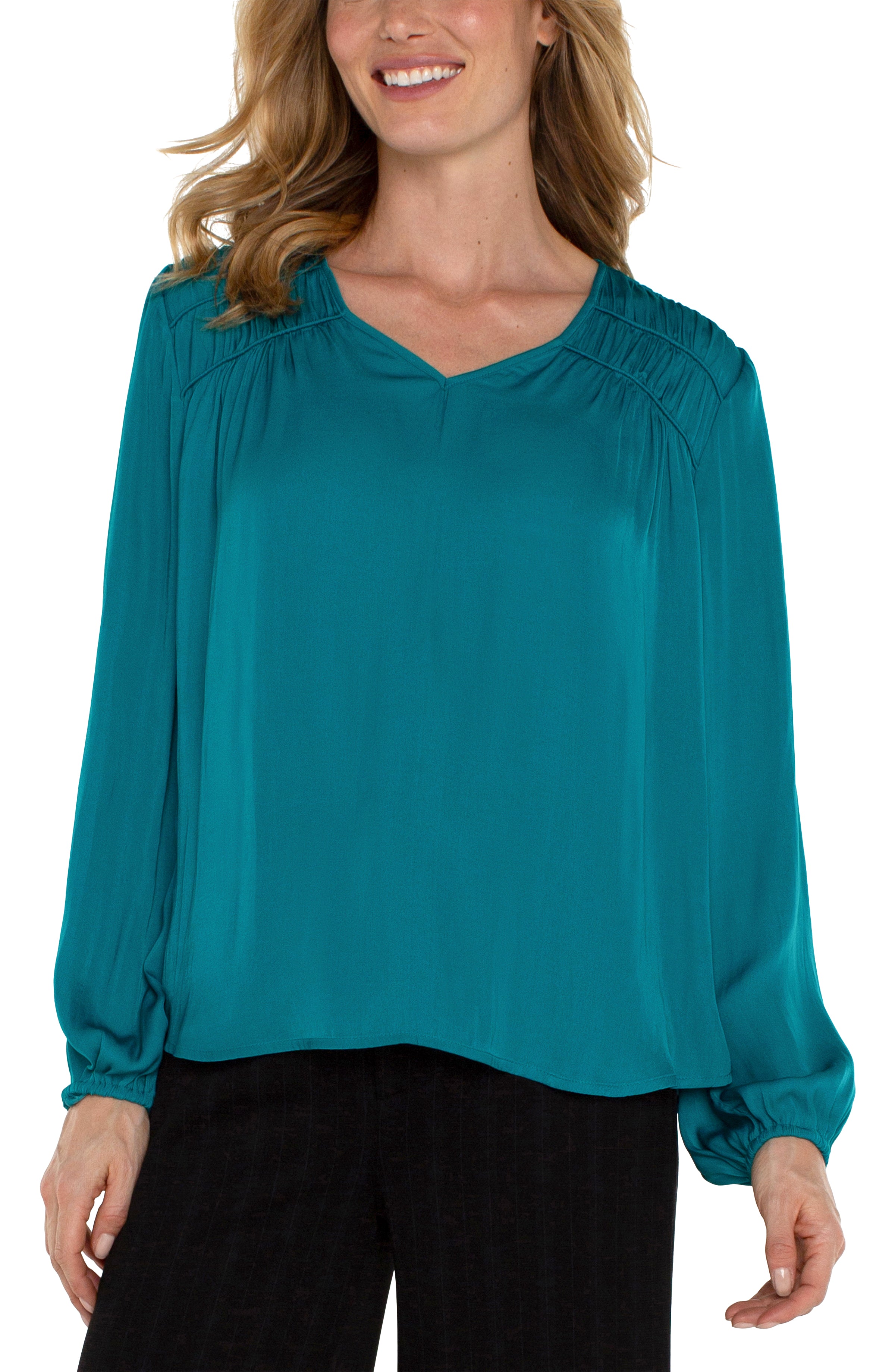 LONG SLEEVE V NECK WOVEN BLOUSE W/SHIRRING