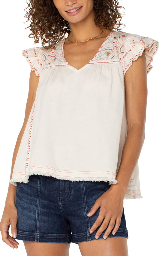 FLUTTER SLEEVE VNECK WOVEN BLOUSE W/EMBROIDERY