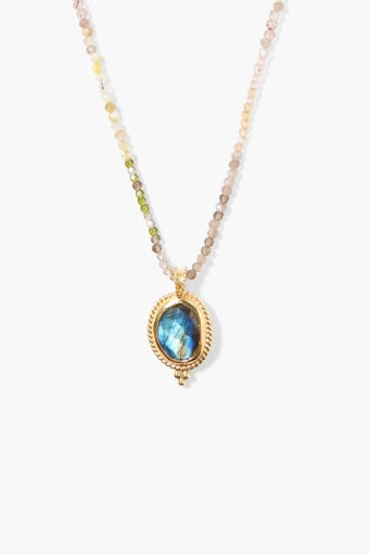 BEZEL WRAPPED LABRADORITE W/MULTI STONES NECKLACE